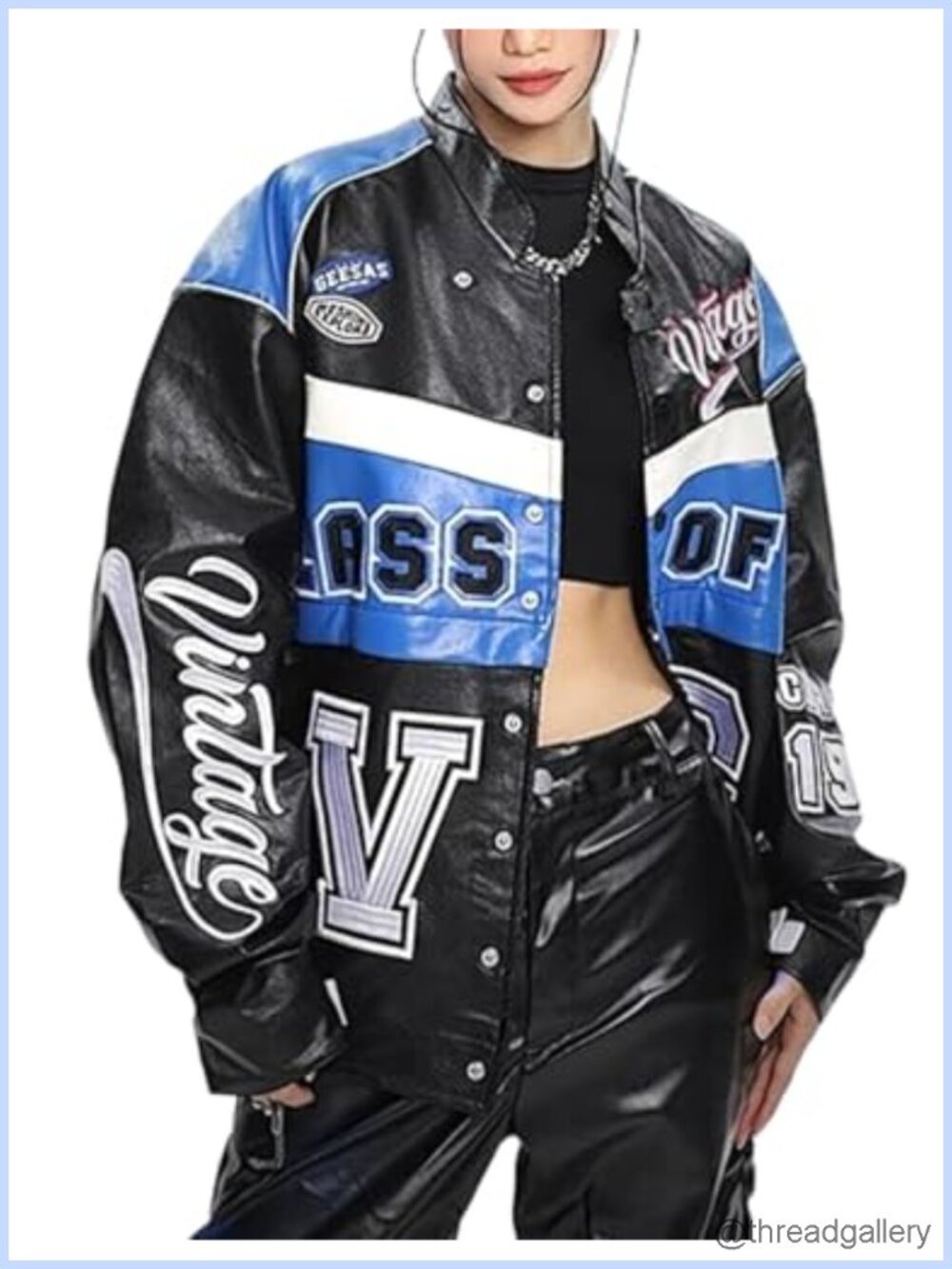 Faux Leather Varsity Jacket Oversized Letterman Racing Bomber Coat Women Trendy